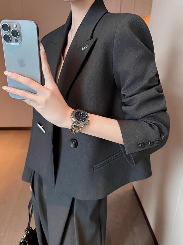 Charcoal cotton rayon cropped metal pin buttoned blazer 6