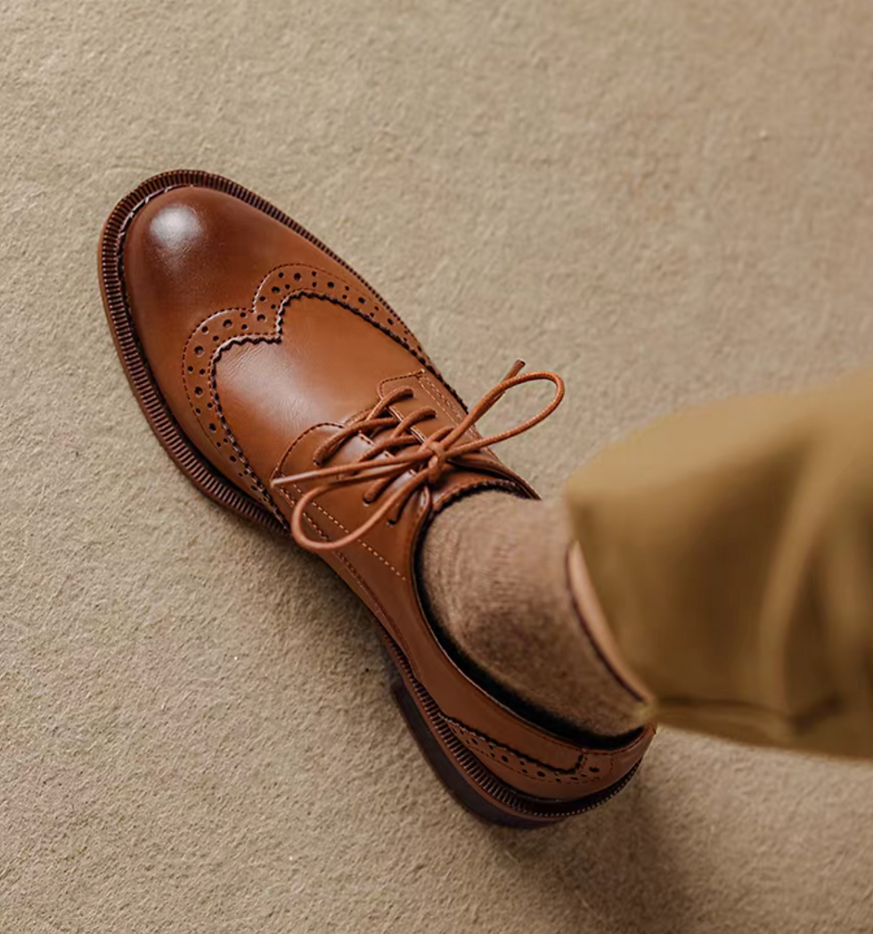 Thumbnail: Brushed off calf leather brogue trim loafer lacing shoes