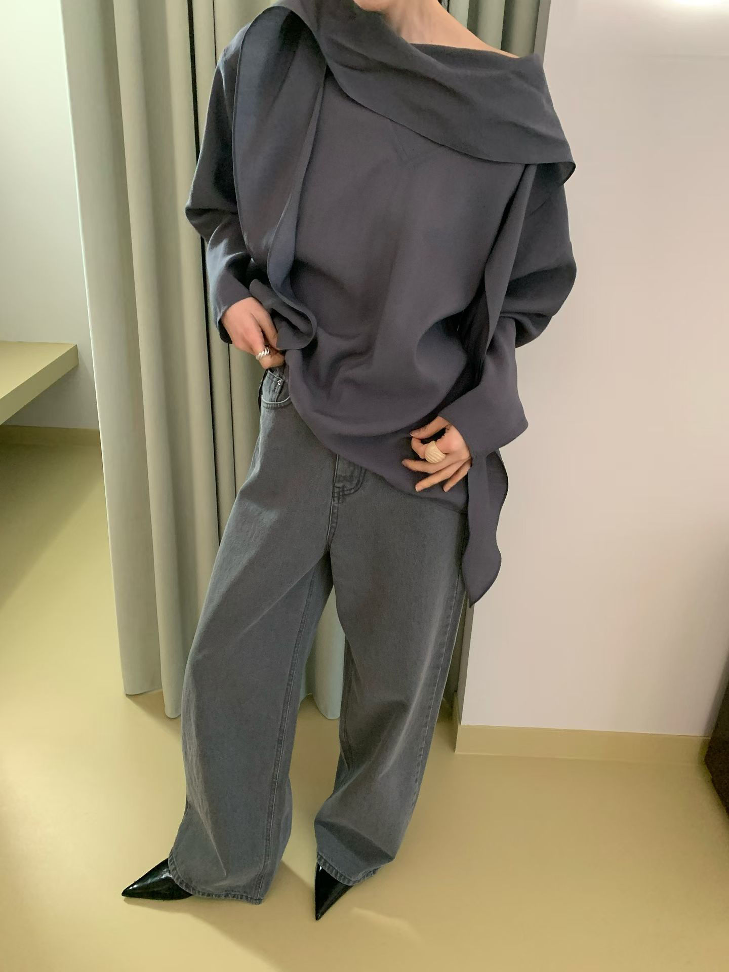 High waisted charcoal grey denim straight pants