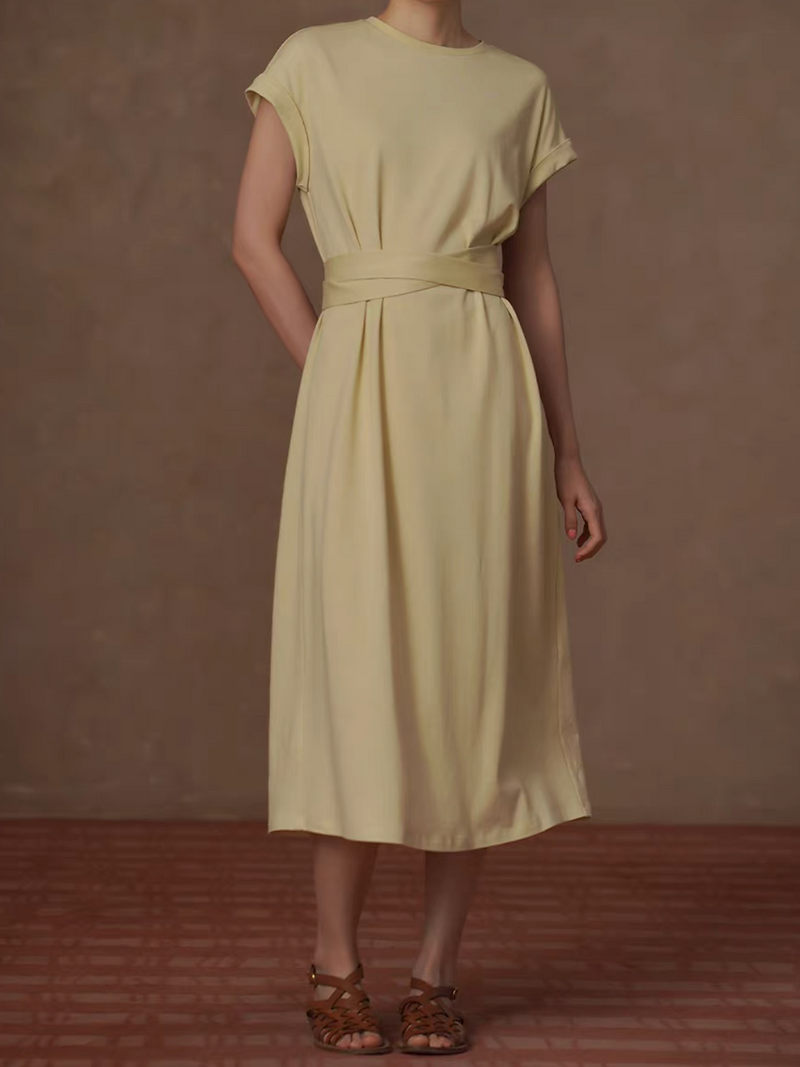 Two way belted lyocell cotton linen flutter sleeves beige pastel yellow dress 1