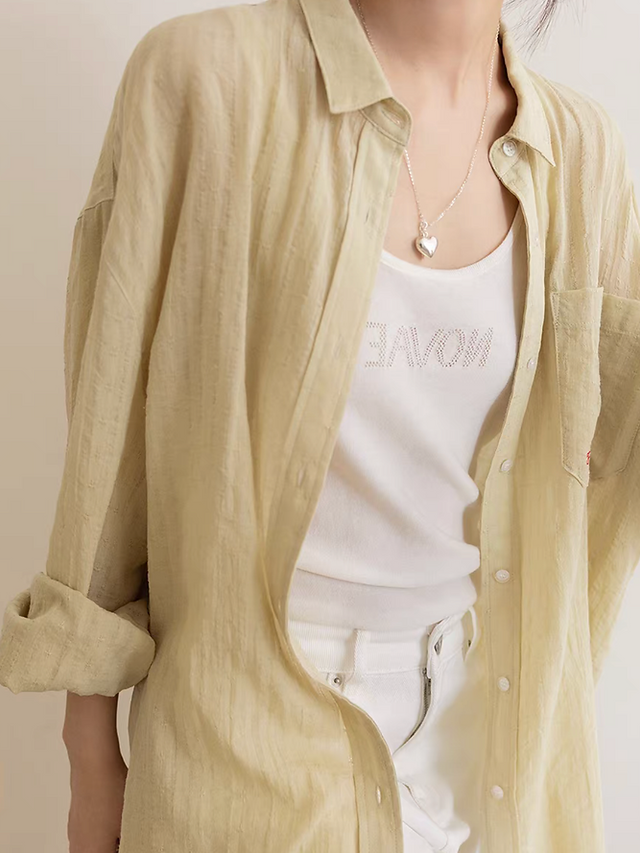 Tencel cotton partial sheer striped mid length embroidered shirt 11
