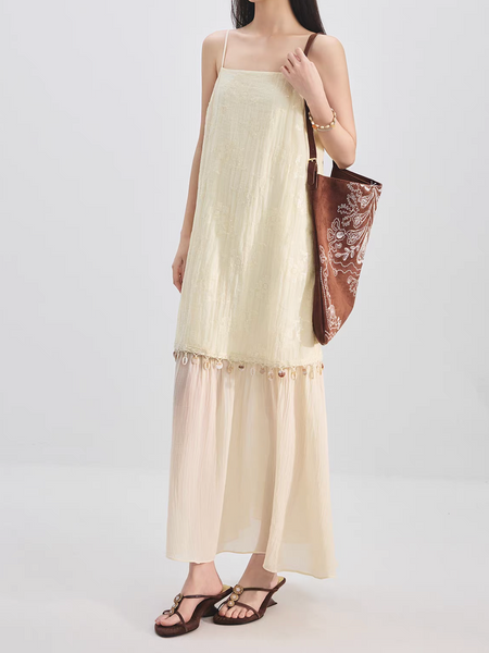 Handmade pastel beige embroidered docking poly rayon tencel slipdress
