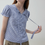 Thumbnail: Two way checker blue cotton collaratte frecnh style blouse