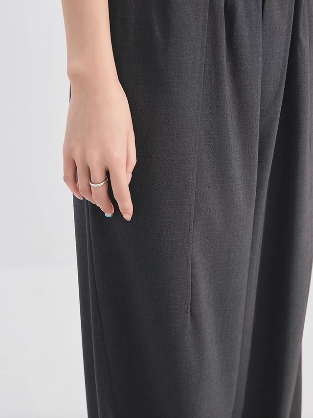 Leather weaved belt+elasticated charcoal grey contour poly rayon linen pants set 10
