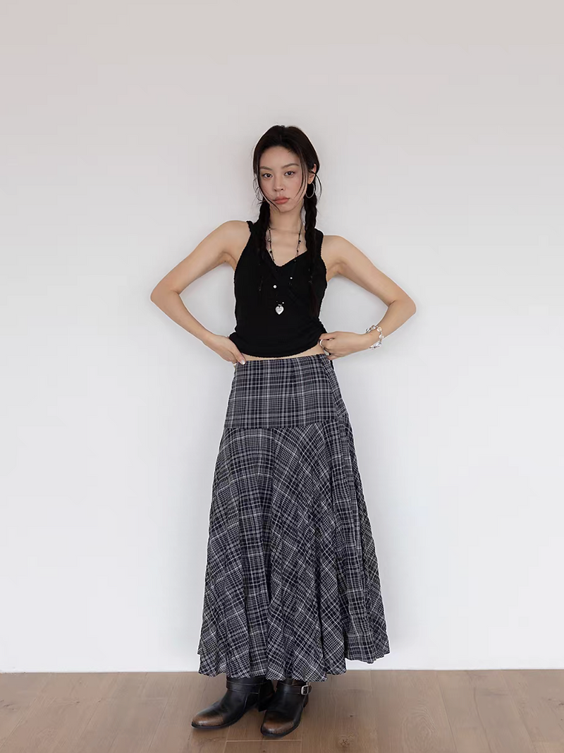 Asymmetric zipper checker grey lined cotton skirt 13