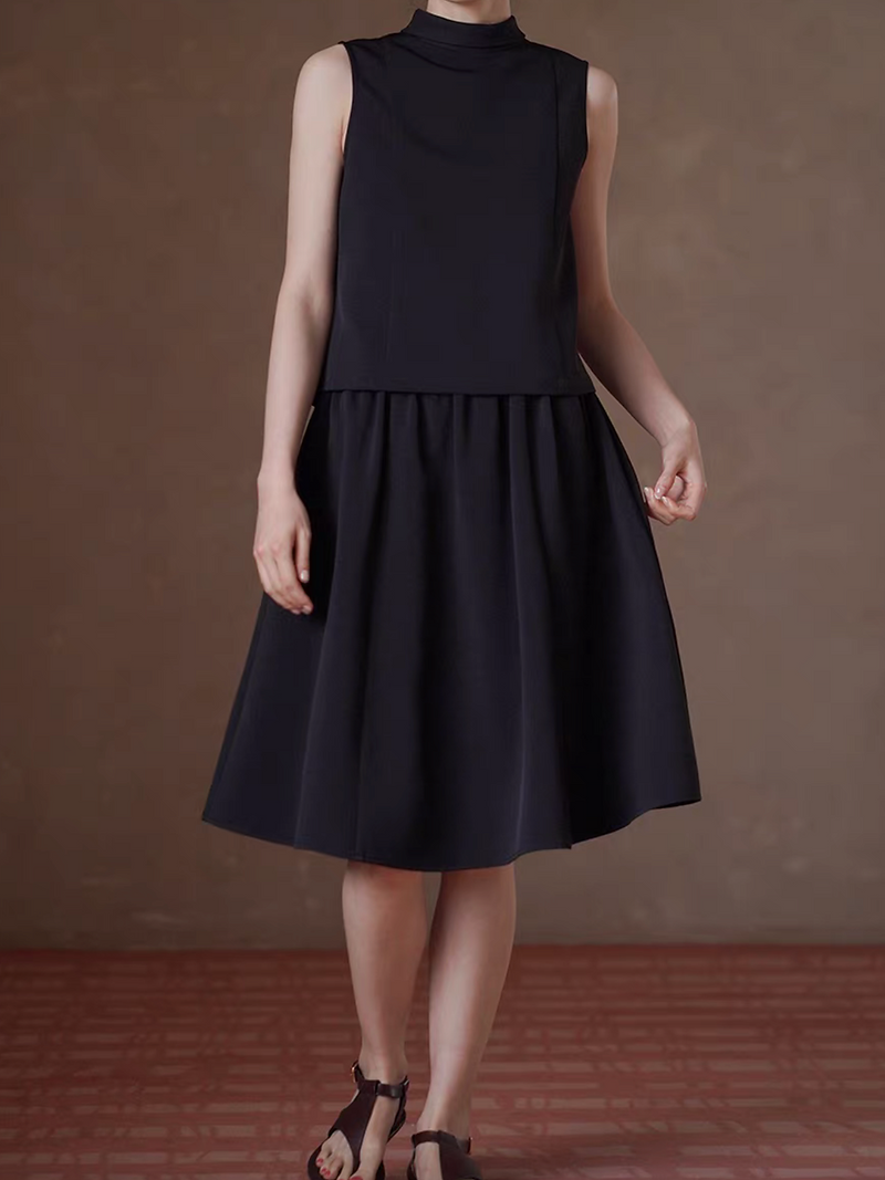 Black standing foldedcollar poly rayon vest + elasticated skirt 2 pieces set 7