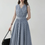 Thumbnail: V neck overlapping cotton grey white blue checker sleeveless dress