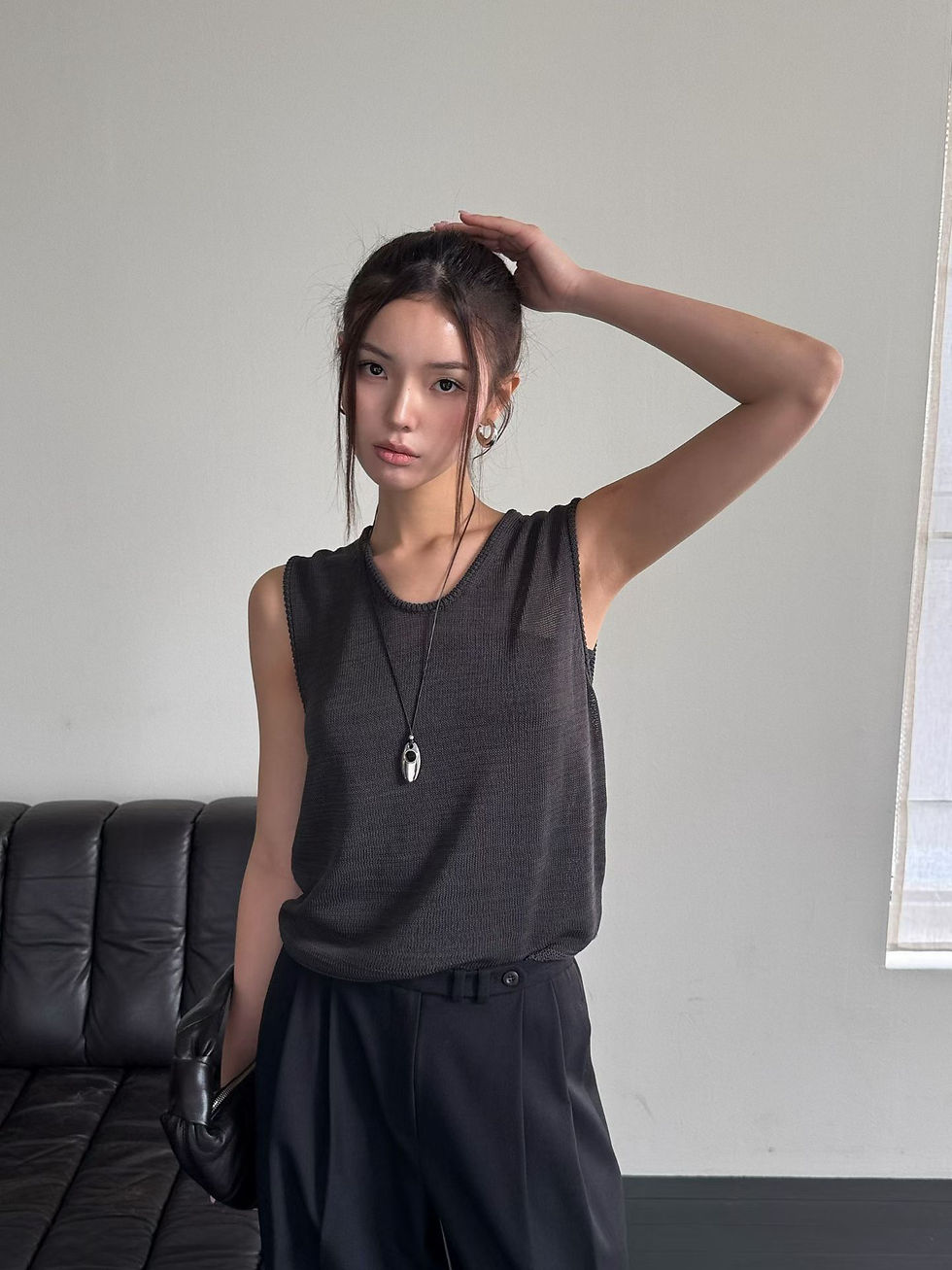 Thumbnail: U neck cotton sheer knitted vest 