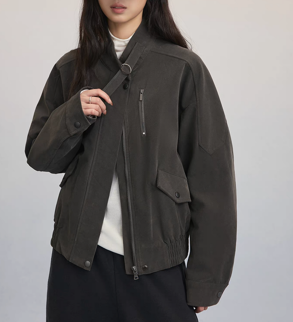 Thumbnail: Charcoal grey synthetic leather suede elastic trim pilot jacket