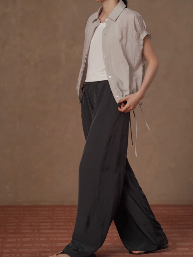 Lyocell rayon sora beige elastic rim drawstring flutter sleeves shirt 2