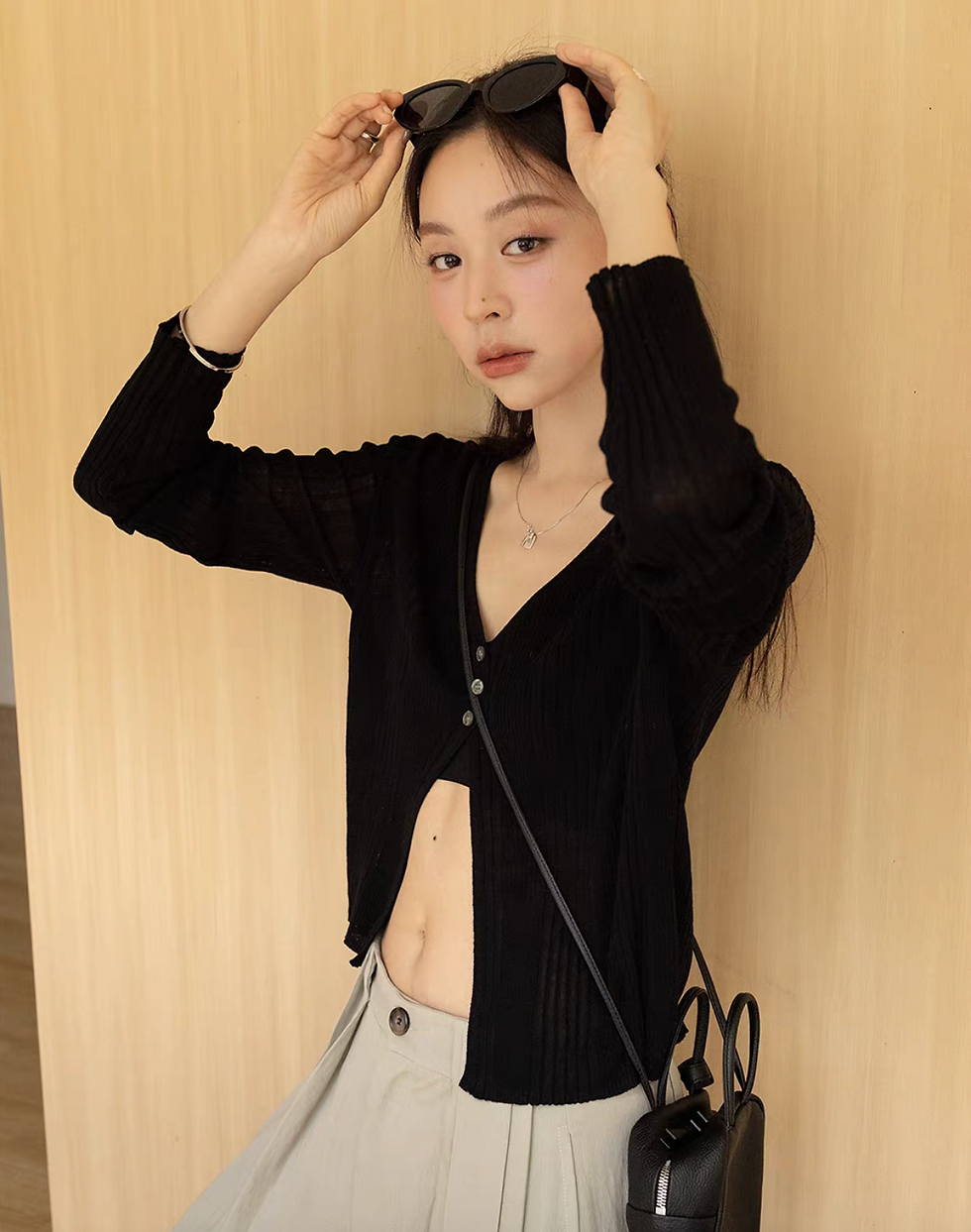 Thumbnail: Ribbed lyocell rayon linen V neck stretchy summer cardigan