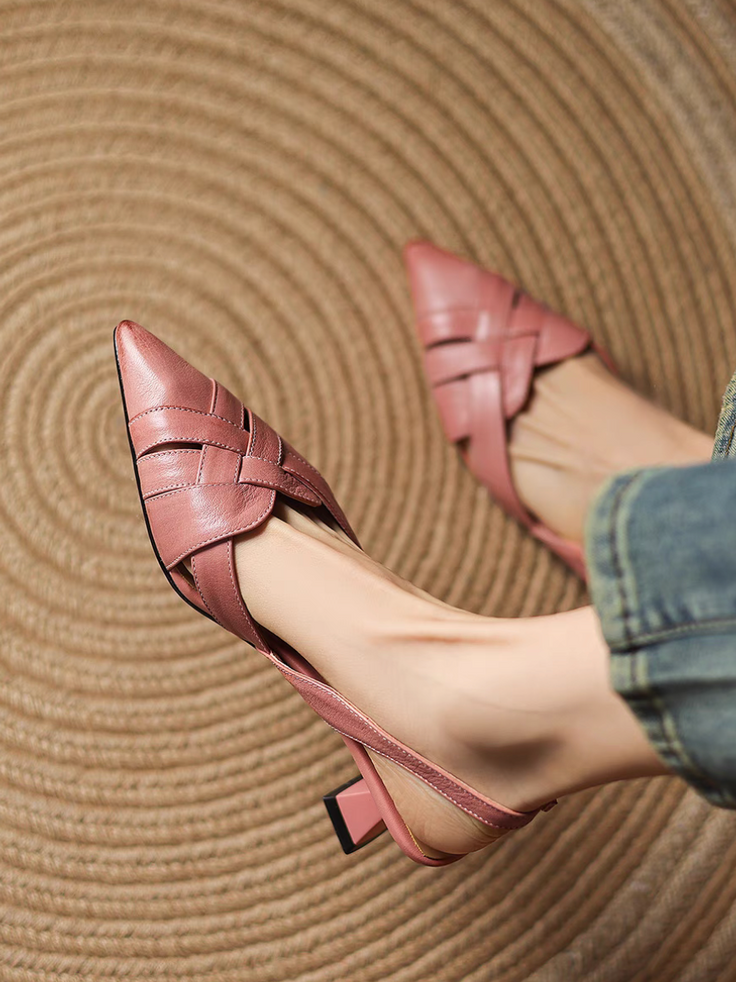 Calf leather interweaved calf leather sling back pointy low heels 1