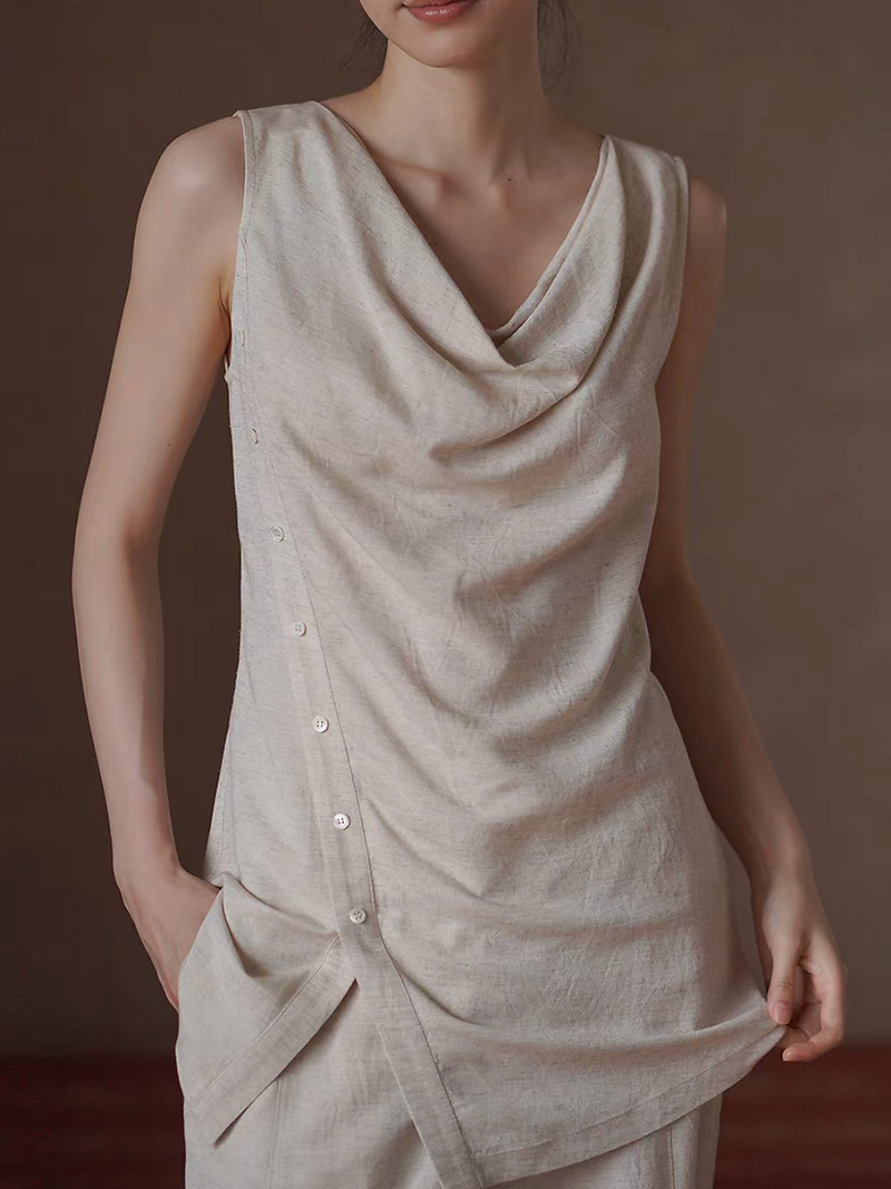 Asymmetric drape collar linen buttoned vest + pants set 1