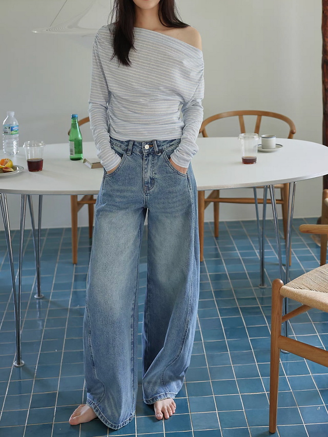 High waisted side contour acid washed light blue denim pants 3