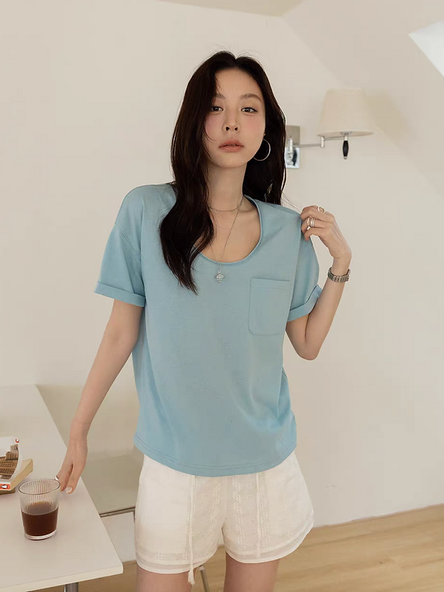 Modal cotton U neck roll trim folded sleeves tee 5