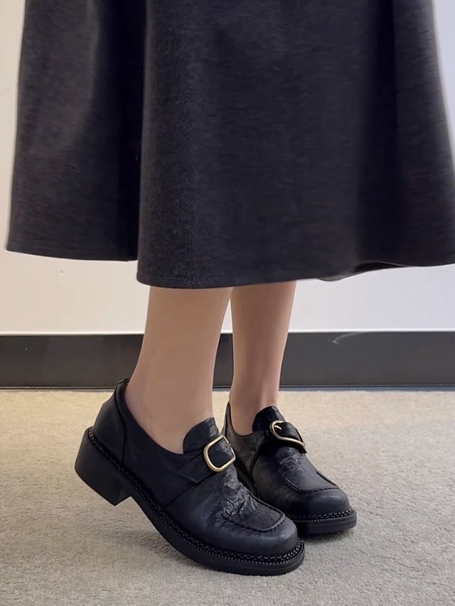 Ruffled calf leather square toe buckle strap loafers 8