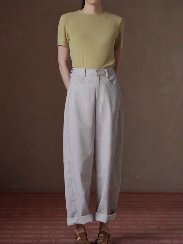High waisted striped taper contour cotton pants 3