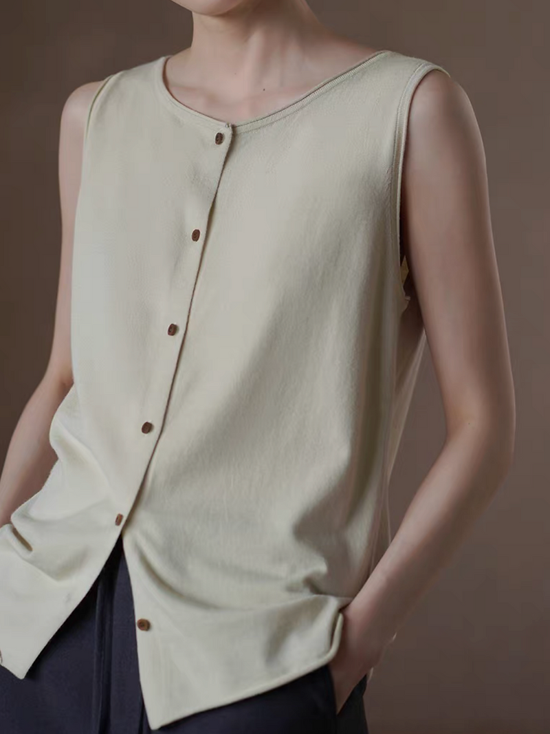 Acrylic poly knitted breathable crewneck beige buttoned vest 1