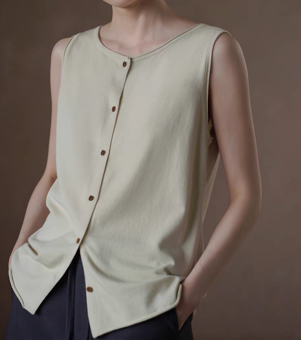Thumbnail: Acrylic poly knitted breathable crewneck beige buttoned vest