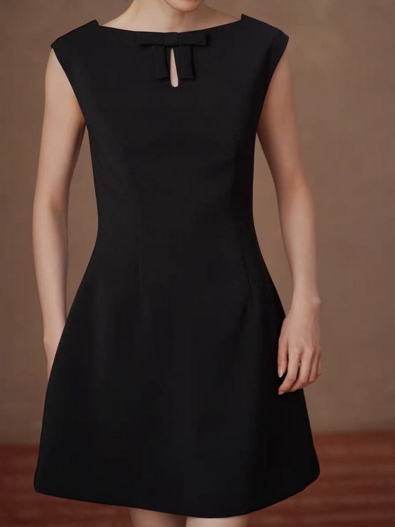 Black crochet bow flutter sleeves slim cut poly rayon dress 3