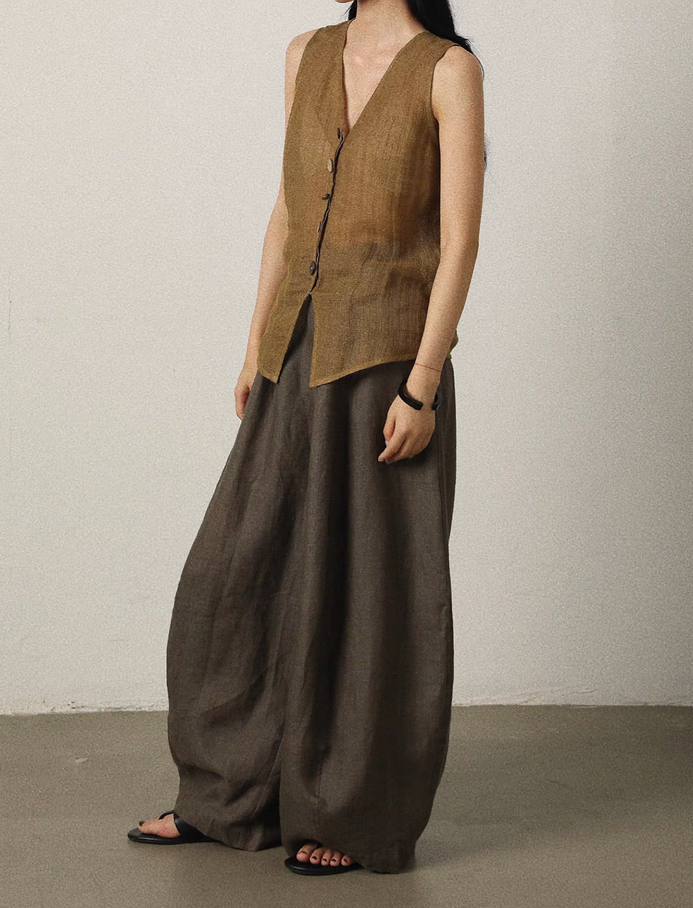 Thumbnail: Various buttons V neck linen lyocell caramel khaki vest