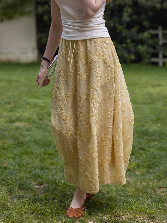 Embossed floral mustard yellow drawstring elasticated tencel linen skirt 13