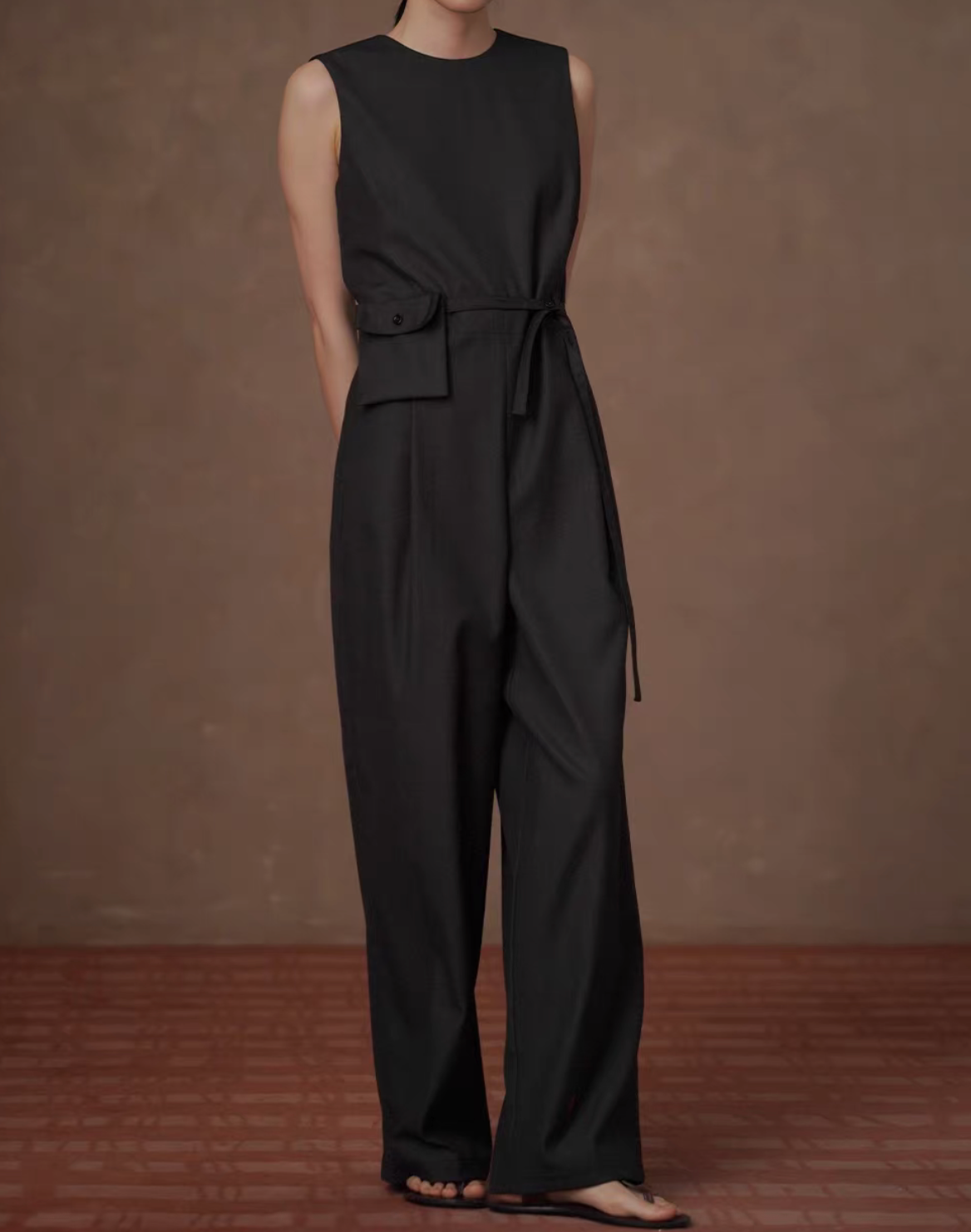 Belted charcoal cotton poly rayon sleeveless romper