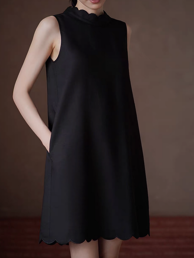 Wavy trim black lyocell linen poly sleeveless little black dress 3
