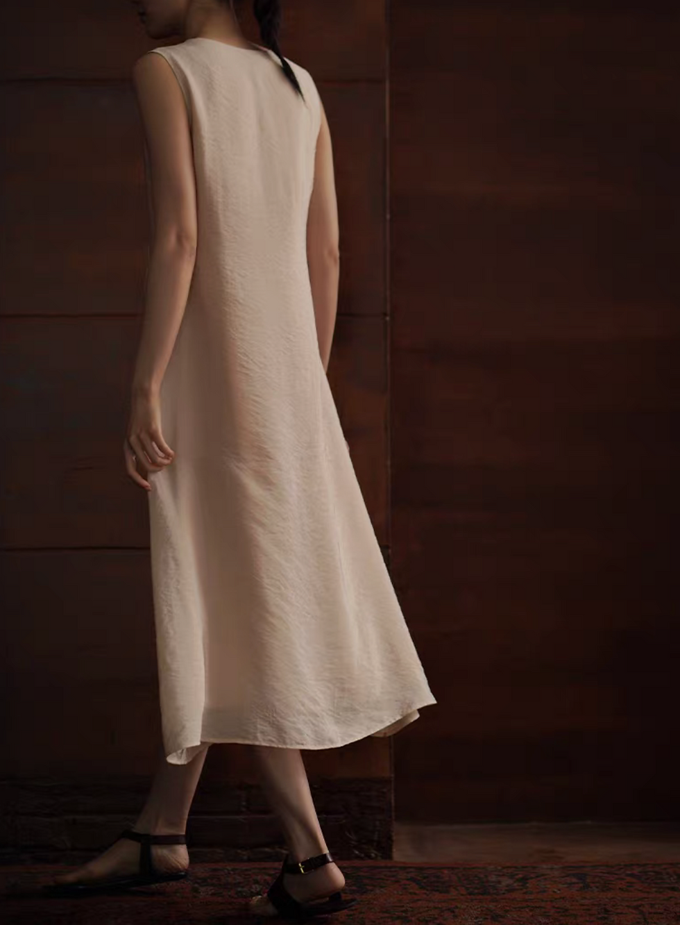 Thumbnail: Beige laced trim V neck embossed tencel poly sleeveless dress