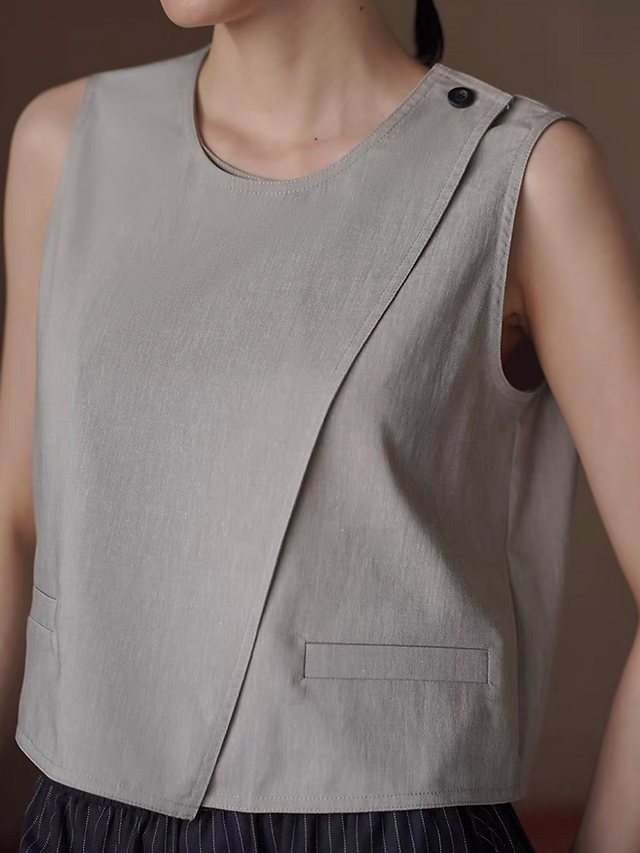 Lyocell linen rayon beige diagonal pleated shoulder buttoned vest 9