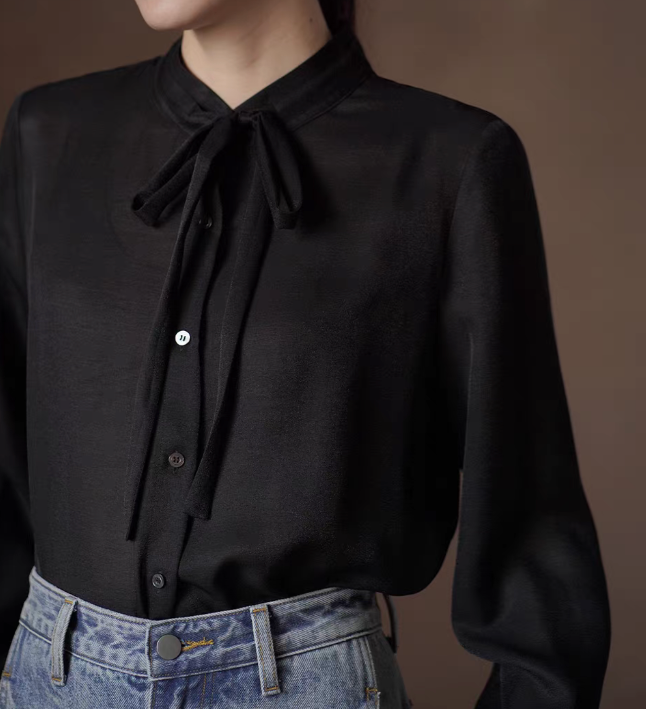 Shell buttoned sheer black lyocell poly rayon collaratte blouse