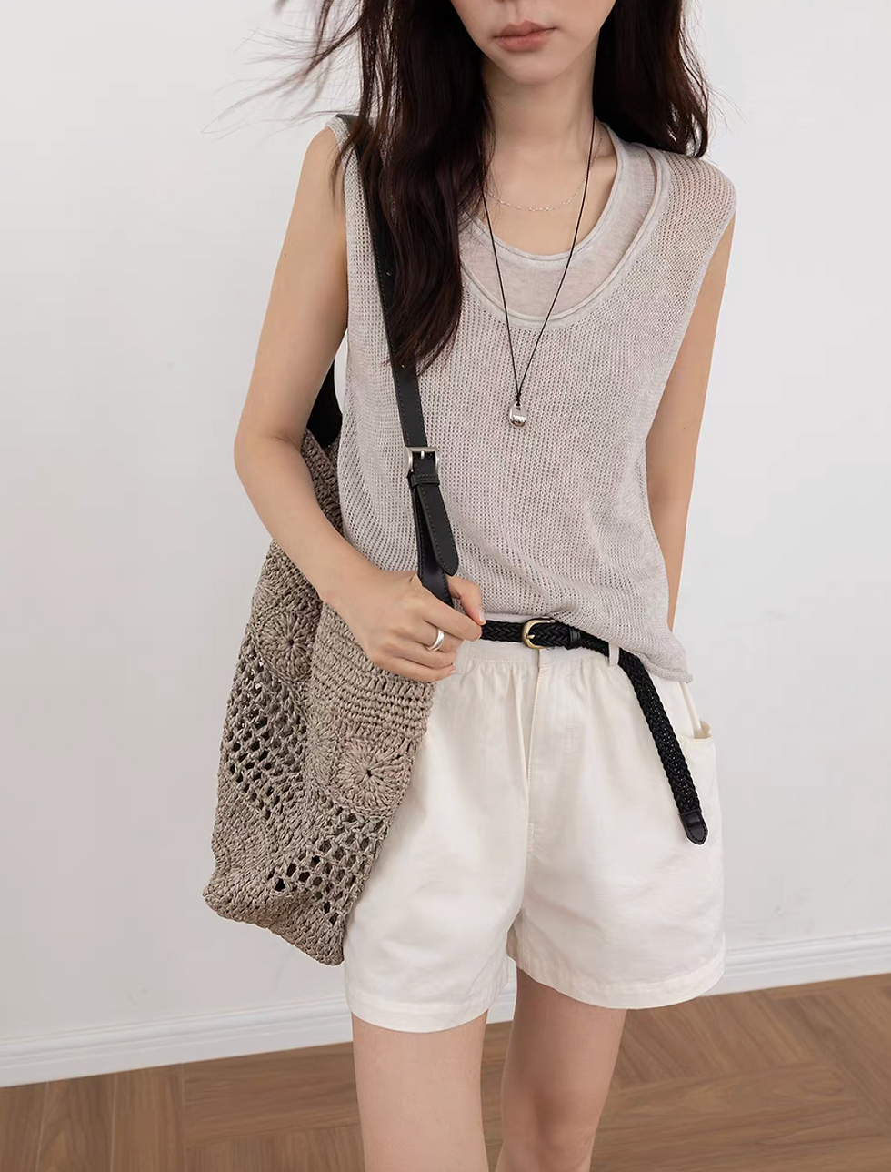 Thumbnail: U neck linen tencel lyocell double layers knitted vest set