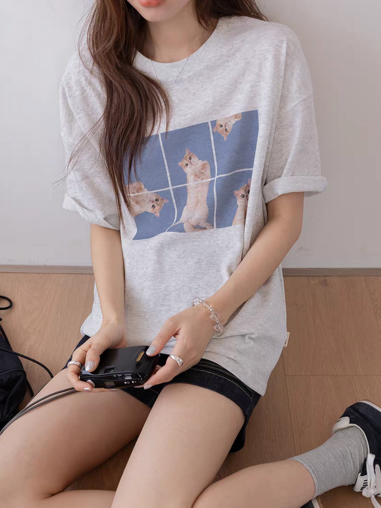 Kittens print crewneck mid length cotton tee 8