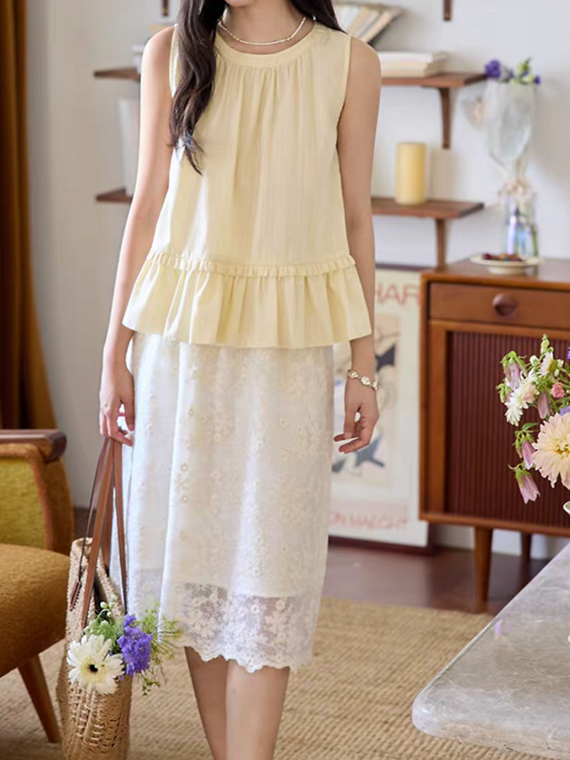 Ivory poly rayon lace floral crochet trim elasticated waistline skirt 7