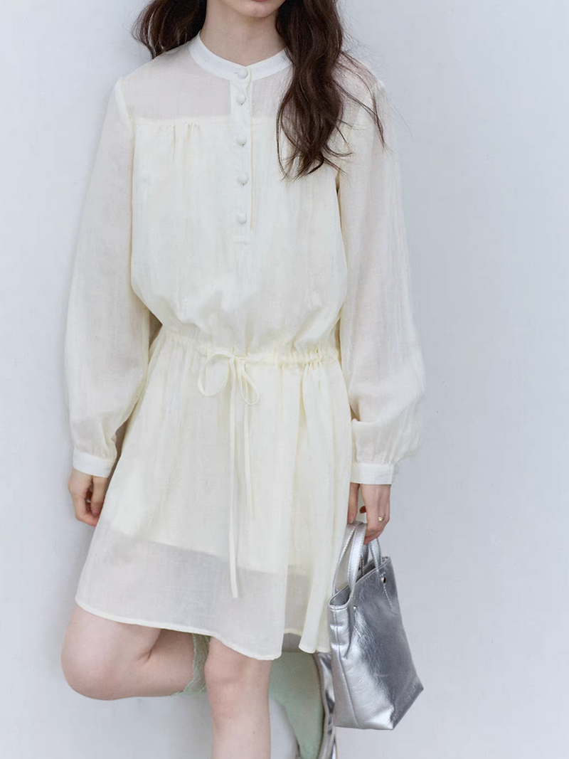 Ivory lyocell drawstring lined buttoned sheer layered midi dress 1