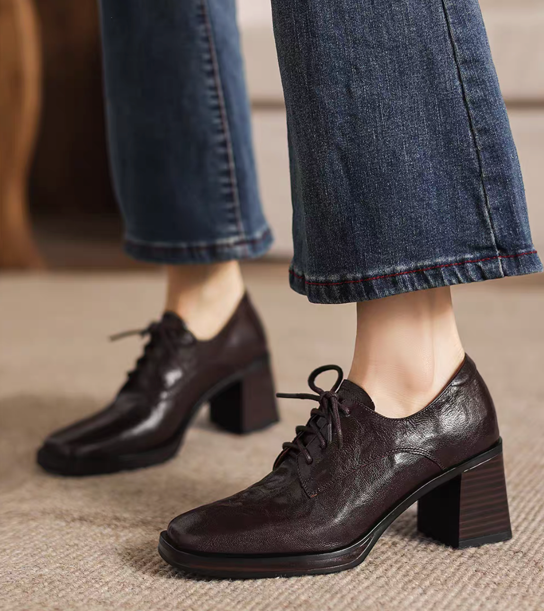 Square toe embossed lambskin chunky heel lacing shoes
