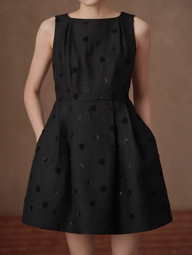 Embossed sequins black cotton poly tweed high waisted little black dress 2