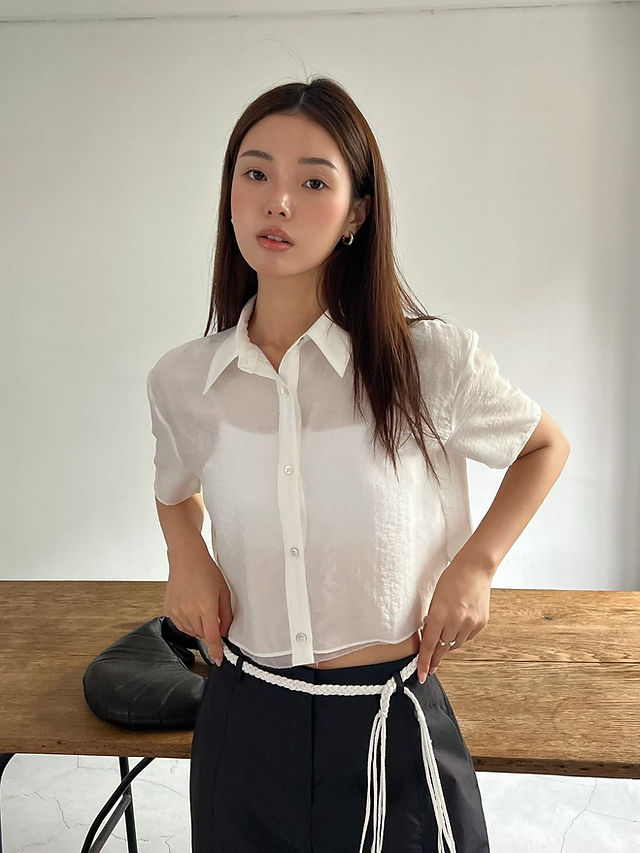 Silk viscose nylon cropped sheer embossed shirt  1