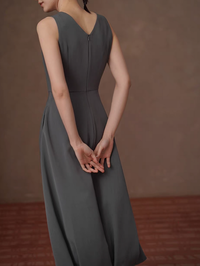 Charcoal color V neck pleated poly rayon sleeveless dress 11