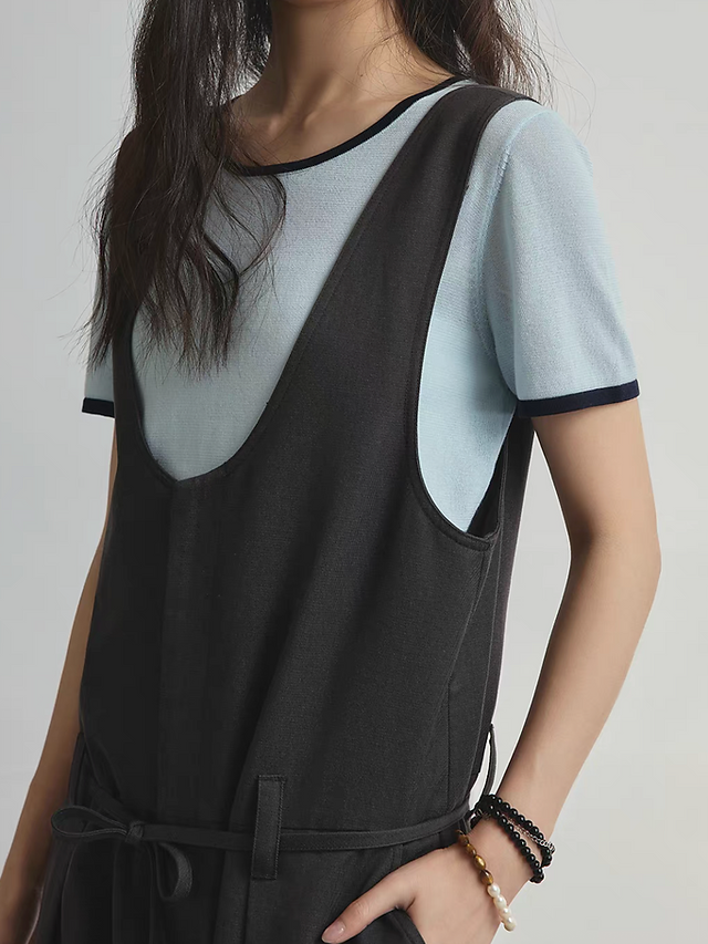 Cotton lyocell belted charcoal color U neck romper 6