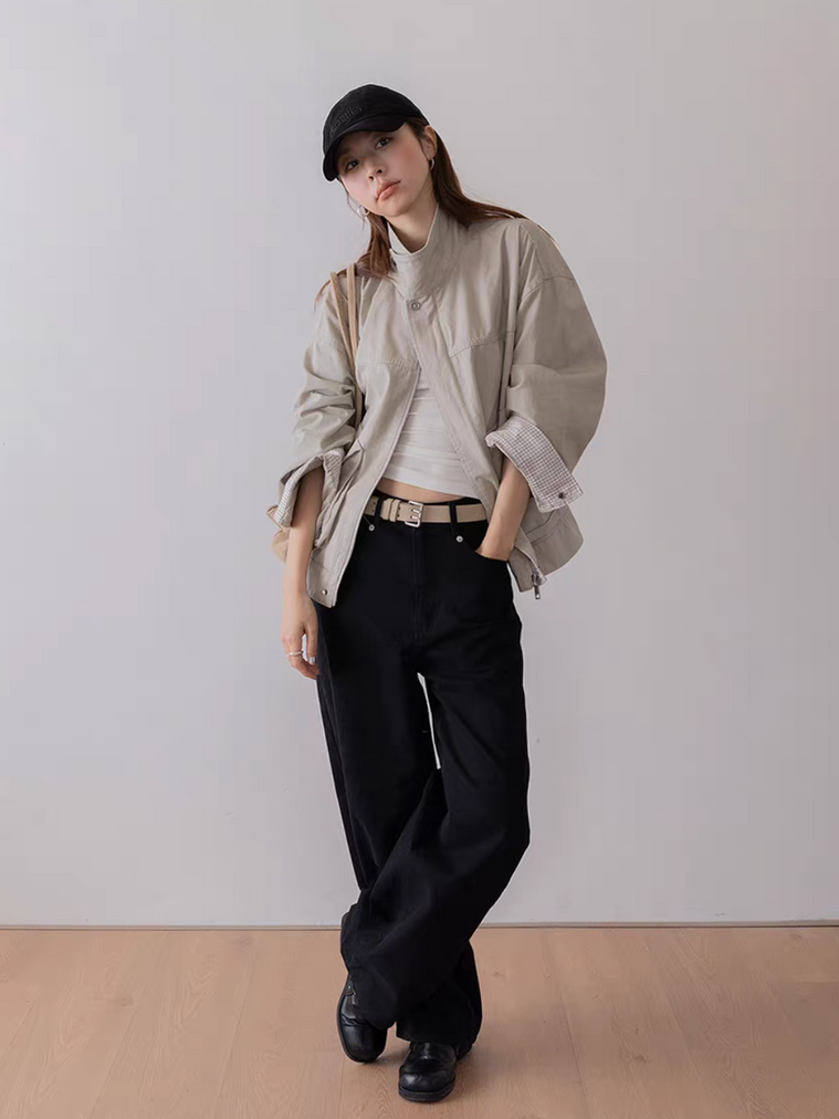 High waisted denim buttoned strap straight pants 8