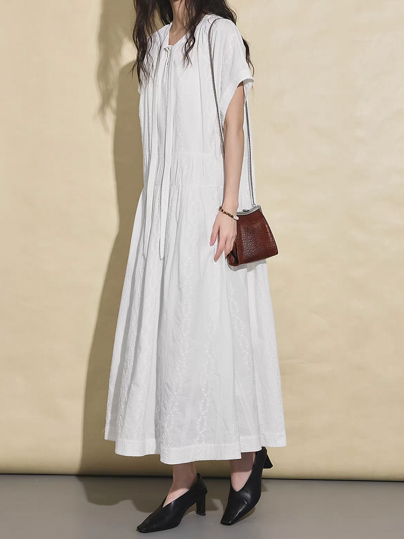 Embroidered ivory white cotton collaratte maxi dress 3