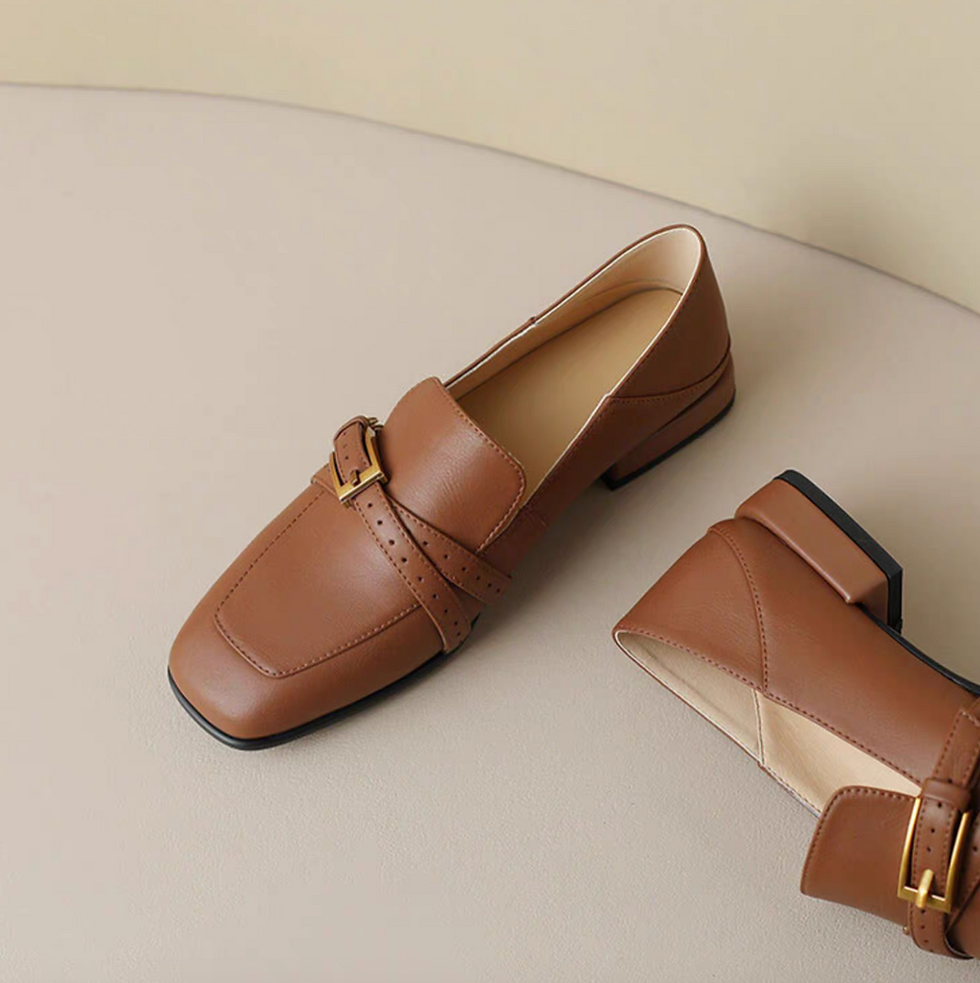 Thumbnail: Side overlapping buckle strap calf leather loafers