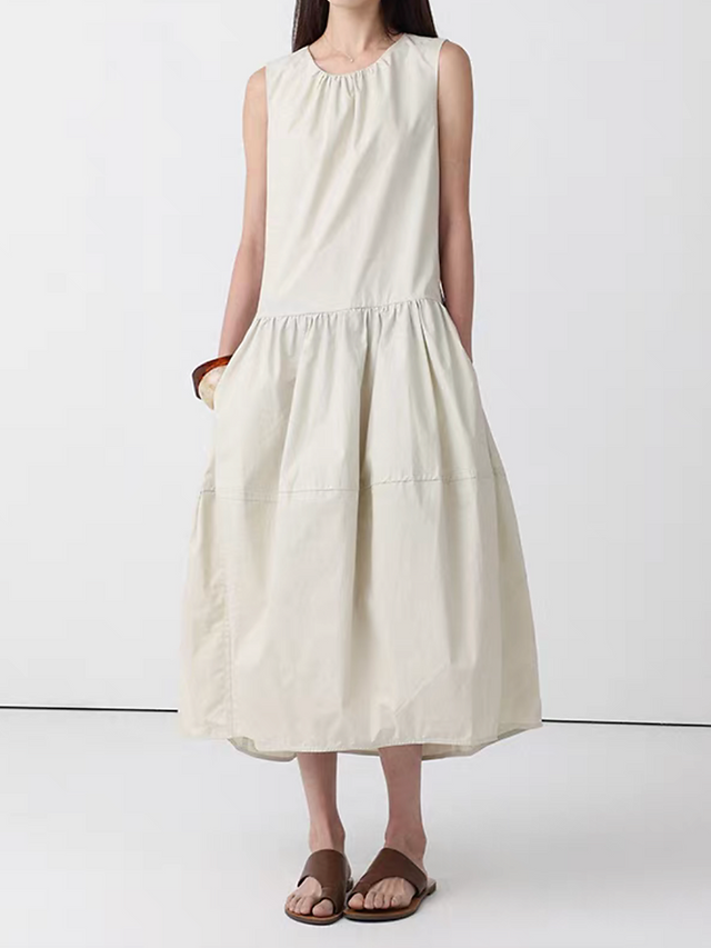 Pure cotton back zipped puff maxi sleeveless dress 2