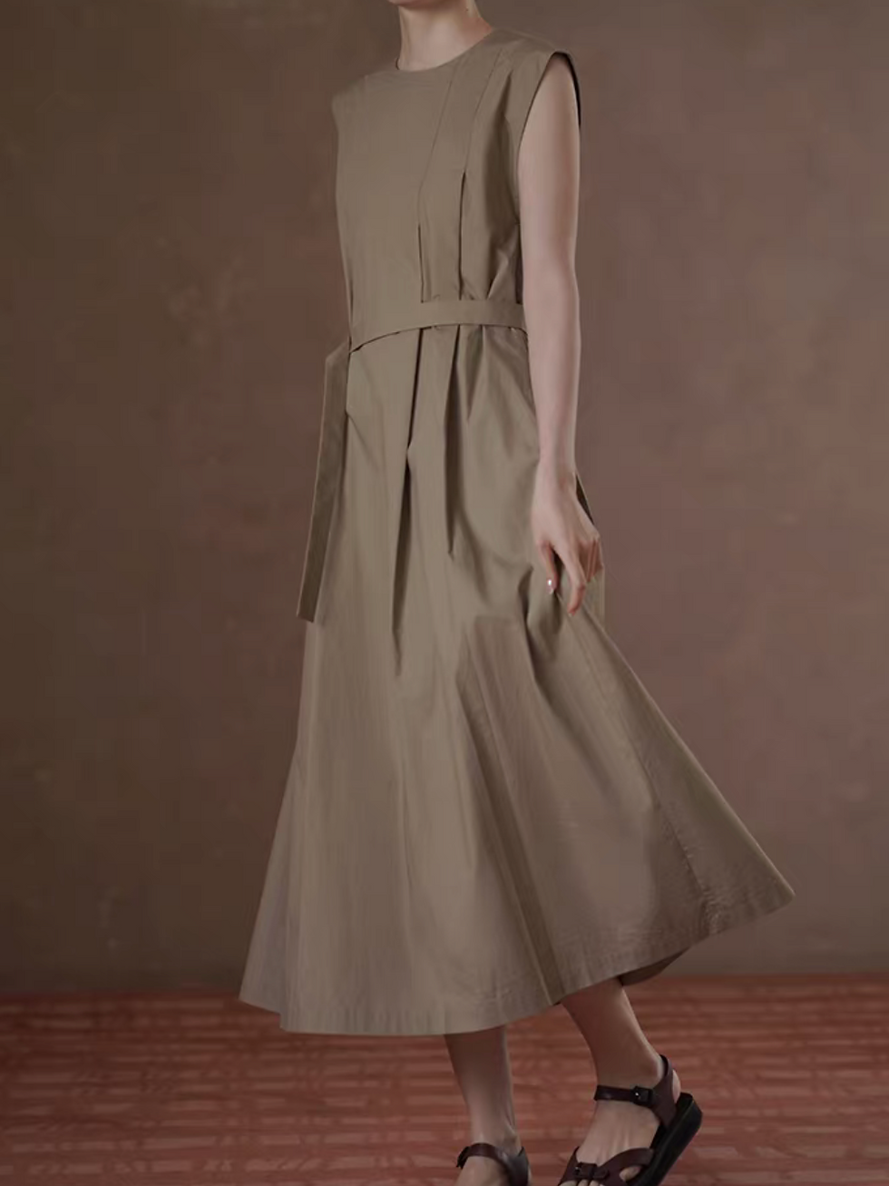 Thumbnail: Khaki belted cotton rayon sleeveless dress