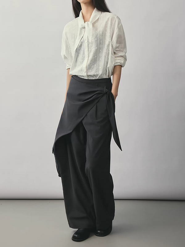 Asymmetric side knot layered charcoal grey linen rayon high waisted pants