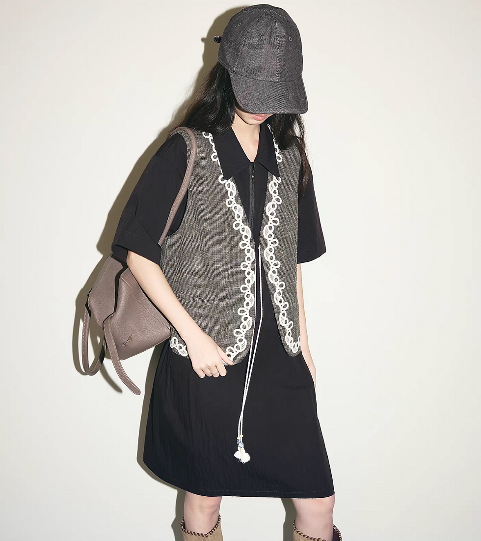 Thumbnail: V neck embroidered trim tassels mocha pure cotton checker vest