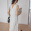 Thumbnail: V neck laced trim side drawstrings cotton ivory sleeveless dress