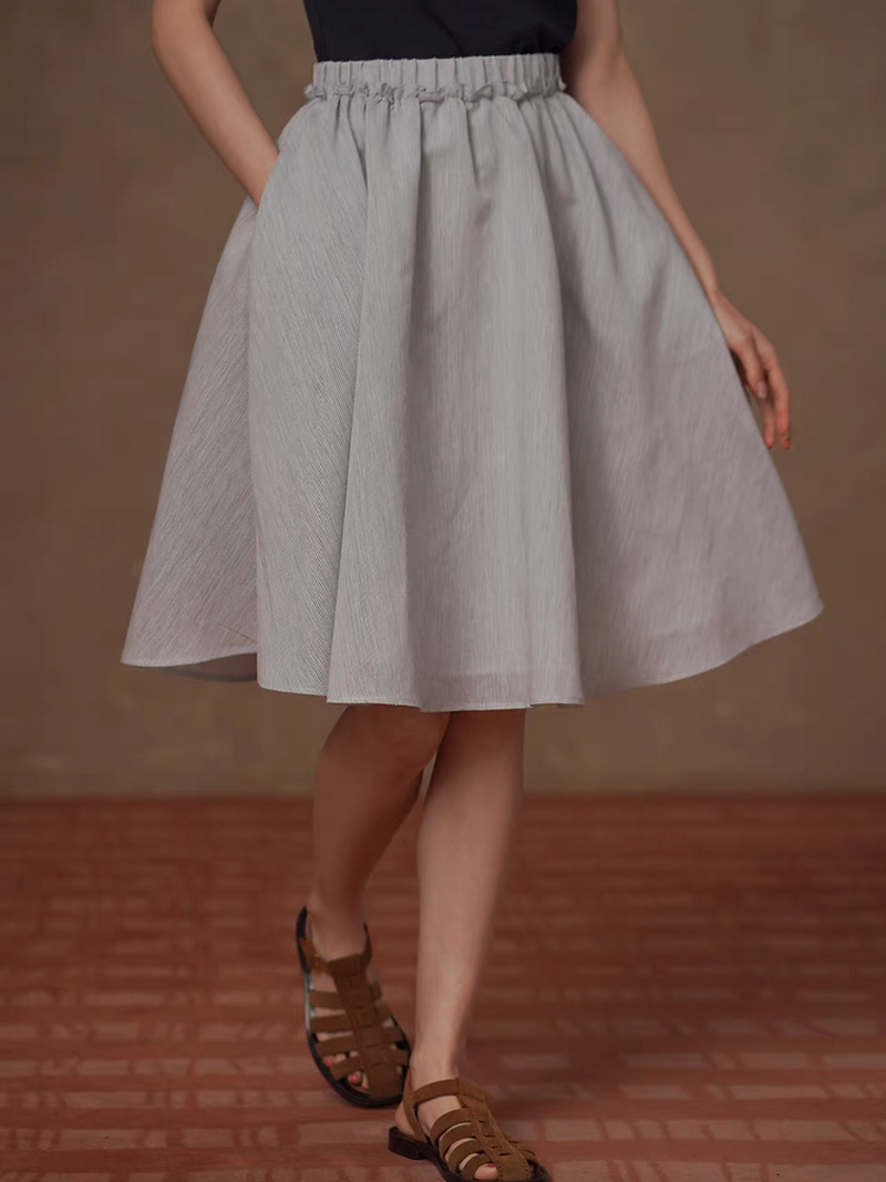 Linen cotton poly ruffles elasticated trim grey striped lined A line skirt 1