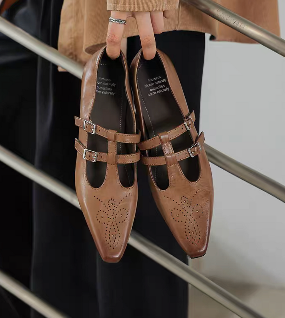 Thumbnail: Brushed off pointy calf leather double adjust straps brogue Mary Janes